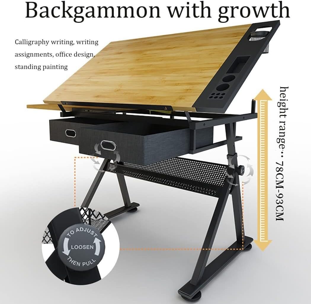 Adjustable Drawing Desk with Tiltable Top, 2 Storage Drawers, Stool, and Heavy-Duty Frame, Art Desk, Drafting Table, Computer Desk