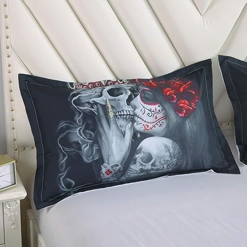 Miniatura 5 de Suncloris Juego de funda de edredón 3D tamaño Queen gótico oscuro, juego de ropa de cama de calavera de azúcar con rosas, 3 piezas incluye 1 funda