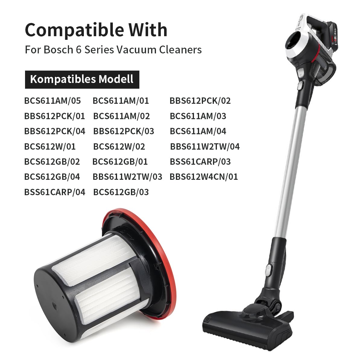 YanBan Filtro e Portafiltro Compatibili con Bosch gli Aspirapolvere Senza fili Unlimited Serie 6 BKS6111P, BCS611AM, BBS611PCK, BCS612W, BCS612GB, BCS61GB, codice articolo 12033215, Confezione da 4