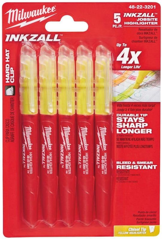 Milwaukee 045242482573 INKZALL Fluorescent Marker Yellow Set of 5