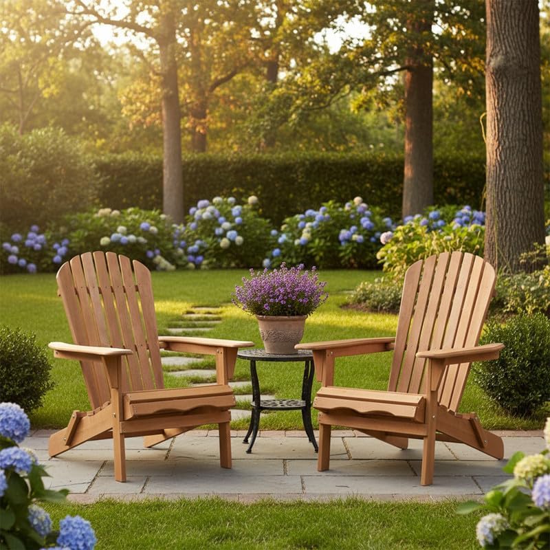 Outdoor Wooden Folding Adirondack Chair Set of 2 with Pre-Assembled BackRest, Wood Patio Chair for Garden Backyard Porch Pool Deck Firepit
