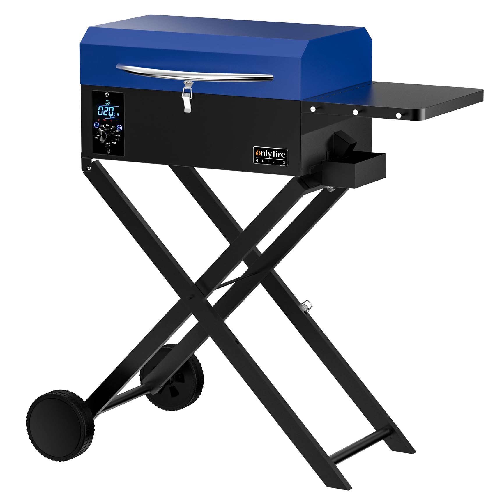 Onlyfire BBQ Wood Pellet Grill Smoker with Foldable Cart, Meat Probe, 2 Tiers Cooking Area, Portable Tabletop Grilling Stove for Outdoor Kitchen Cooking Smoke and Roast, RV Camping, Blue GS342