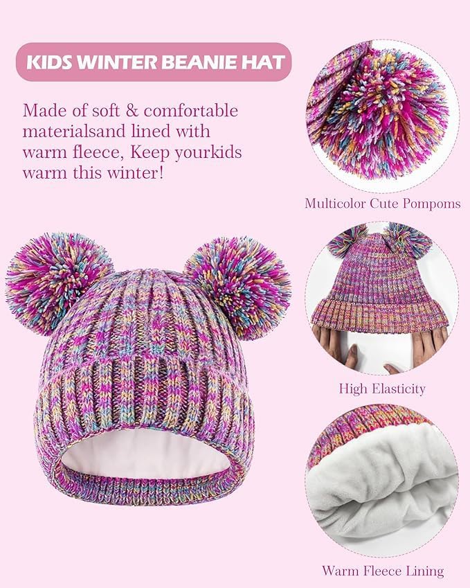 Kids Winter Hat Gloves Scarf Set, Girls Winter Hat Beanie with Pom Knit Warmer Christmas Gifts - Image 5