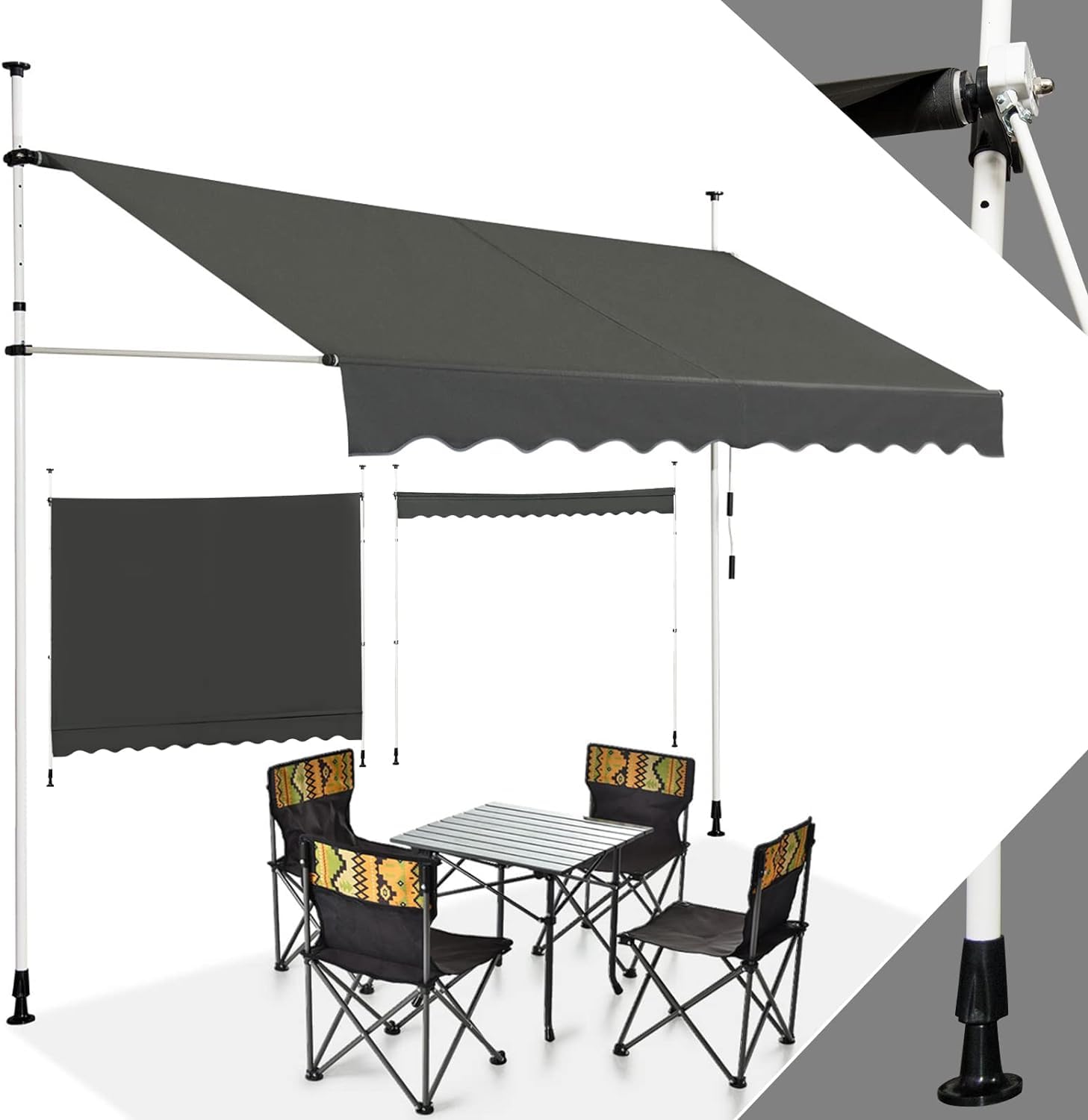 RELAX4LIFE Store Banne Manuel sans Perçage, Auvent Balcon Rétractable avec Manivelle, Tissu Oxford Anti-UV Imperméable, Hauteur Réglable 2-3 M, Store Banne pour Porte Fenêtre (Gris, 400 X 125 cm)