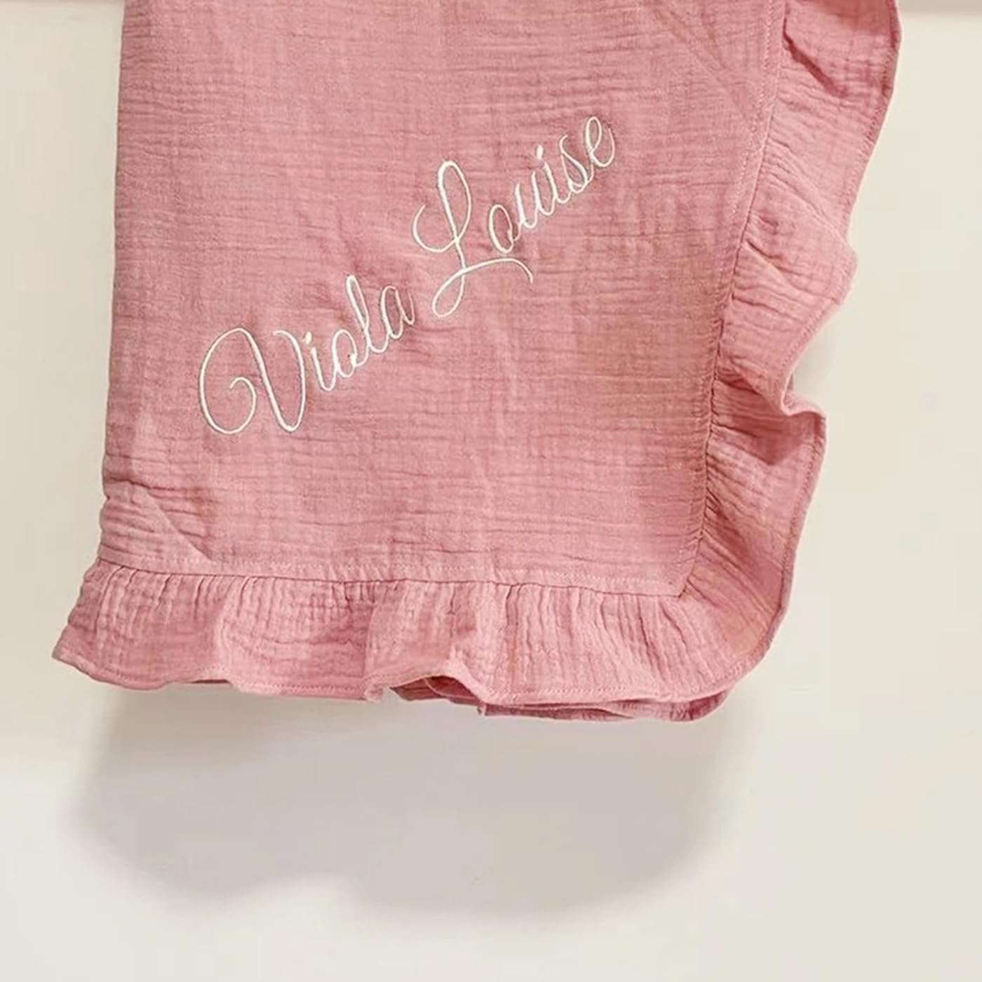 REEG Personalised Frill Edge Baby Blanket | Pram Blanket | Organic Cotton Baby Blanket | Frill Blanket | New Baby Gift (Mauve,embroidery name)