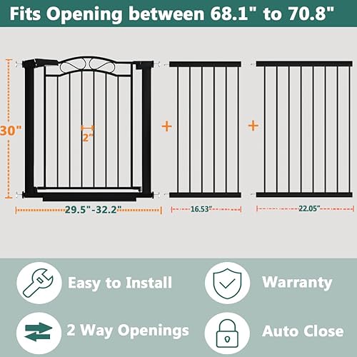 Miniatura 2 de Puerta extra ancha para bebés con puerta, color negro, grande, para escaleras, montadas a presión, sin taladro, puerta de seguridad de metal de