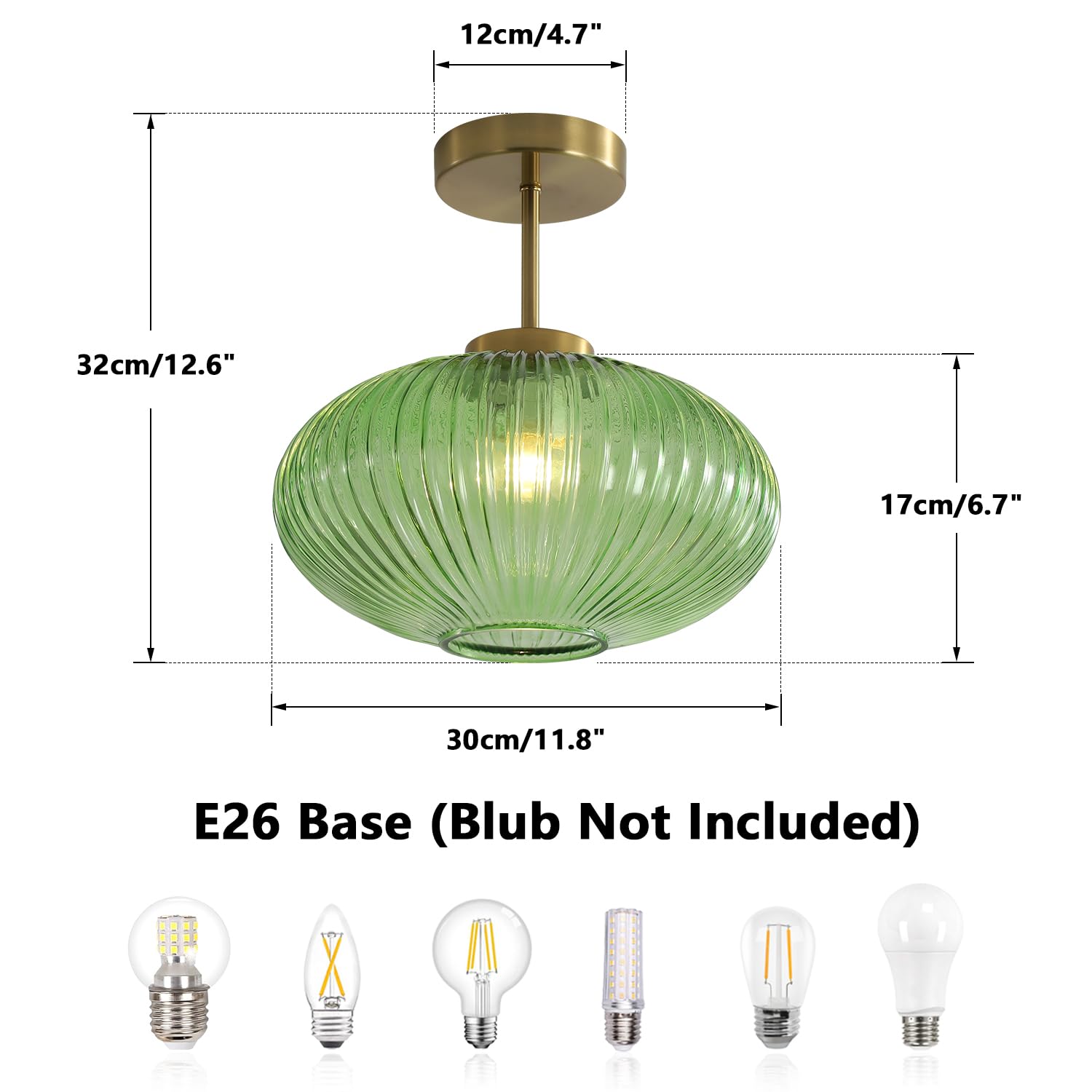 KCO Lighting Vintage Green Ribbed Glass Flush Mount Light Brushed