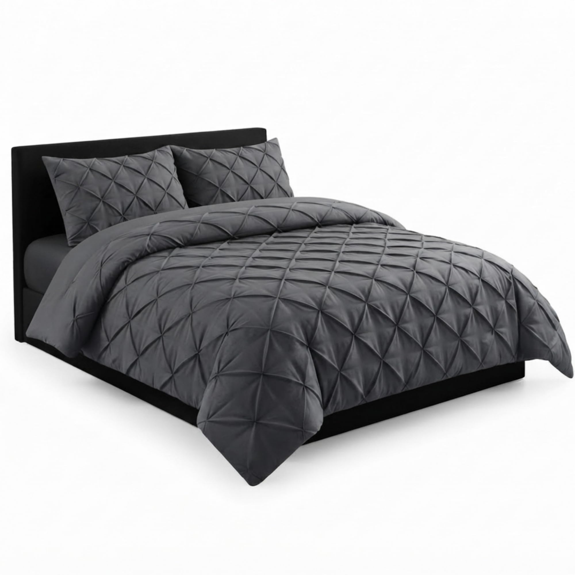 AHS Pintuck Charcoal Duvet Cover Bedding Set, Super King Pinch Pleat Design With Matching Pillowcases, Soft Brushed Microfiber Quilt Cover, Easy Care Wrinkle Free, Breathable