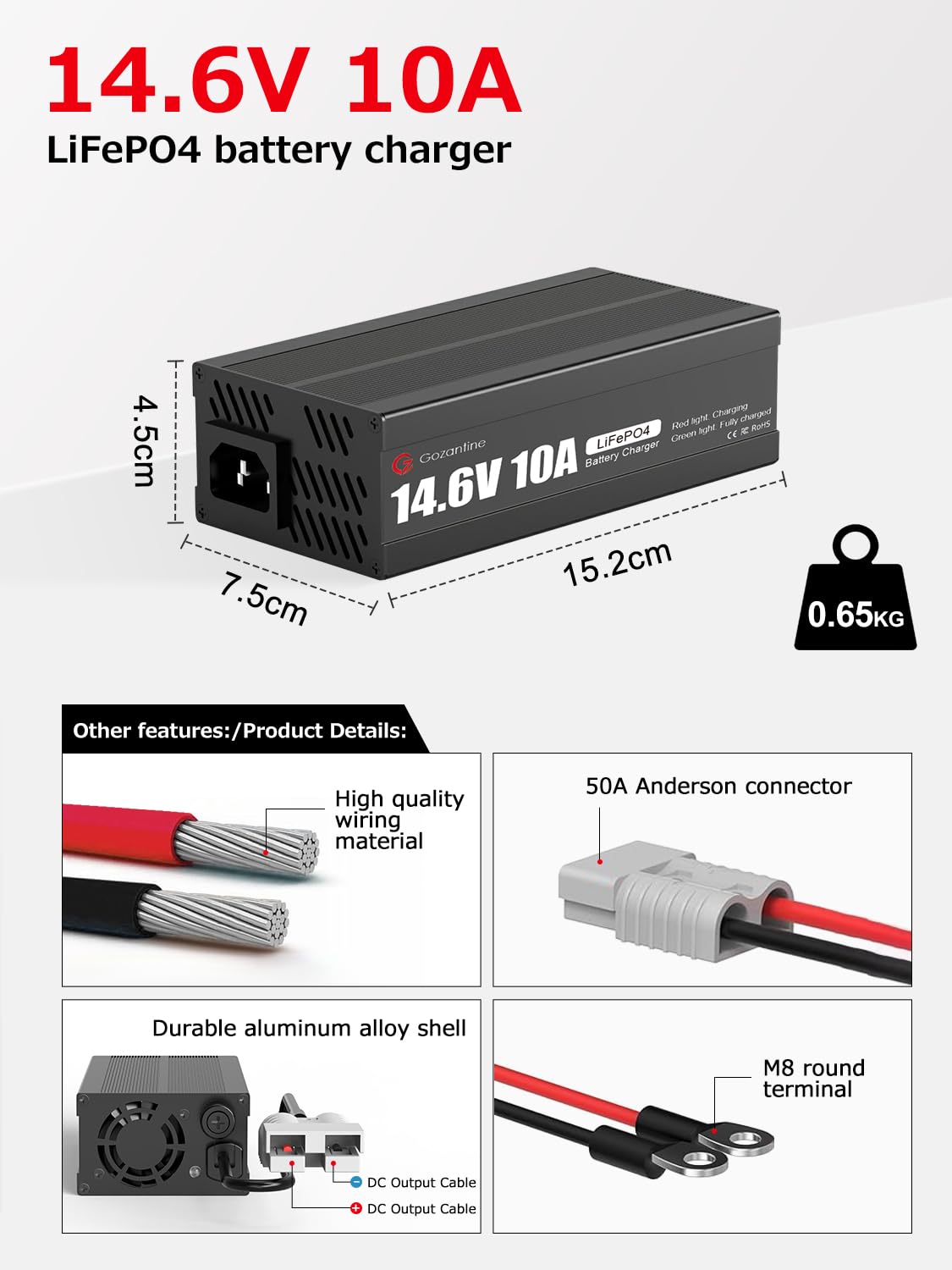 14.6V 10A Lithium Battery Charger, AC-DC Fast Charging 10 Amp Lifepo4 Battery Charger with Anderson Connector LED Indicator, 4 Safety Protections, for 12V Lithium Iron Phosphate Rechargeable Batteries