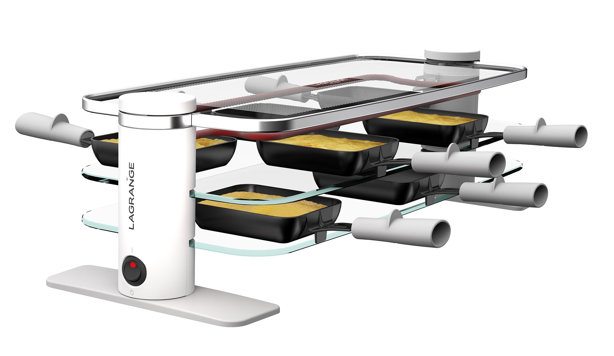 LAGRANGE Appareil à raclette 10 personnes, 1200 W, Plateaux verre, plateau supérieur démontable pour nettoyage simplifié, Repose poêlons intégré, Design épuré, Bouton marche/arrêt, 079901