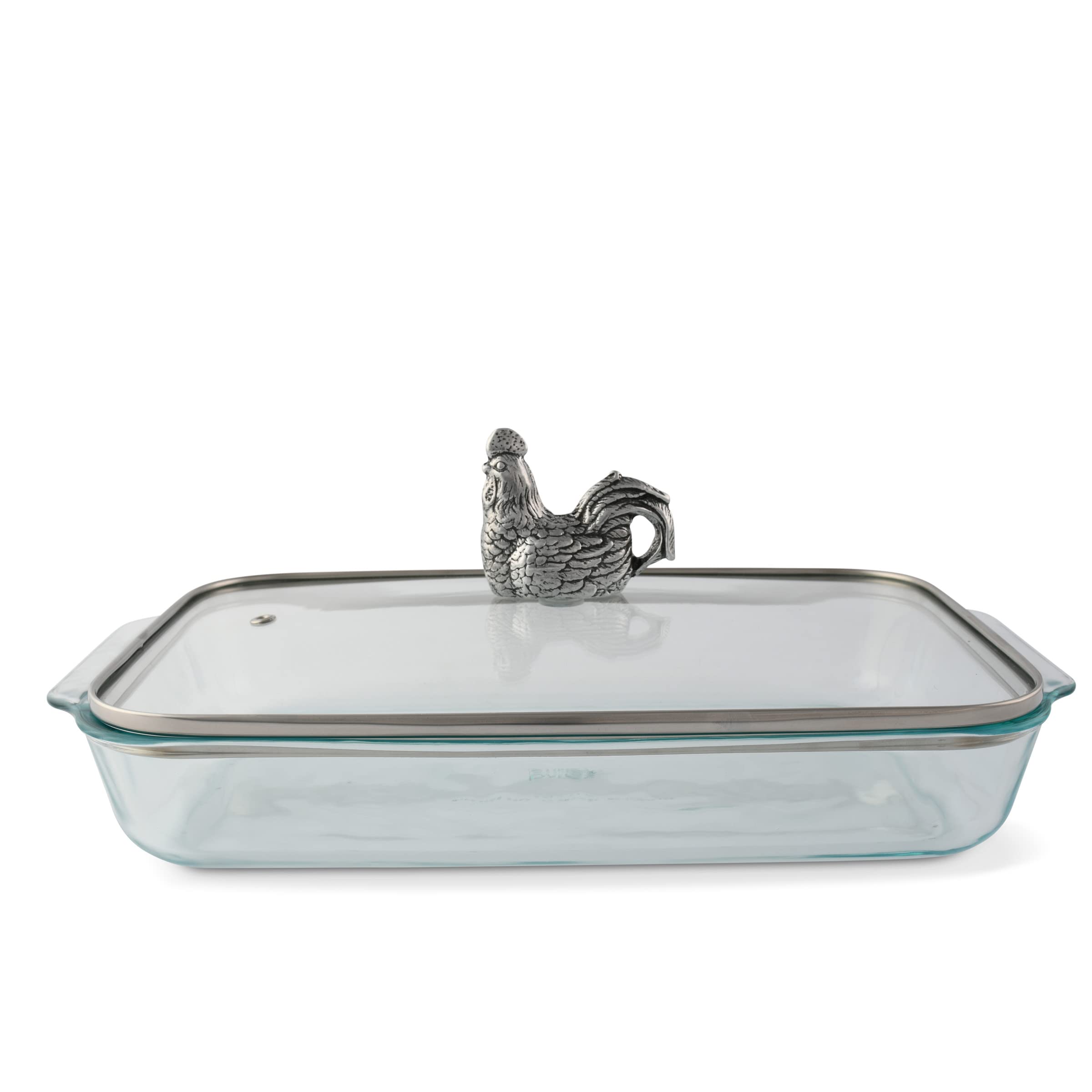 Arthur Court Glass Casserole Dish With Rooster Handle - 9.25x13.5 Inch 3-Quart Farmhouse Style