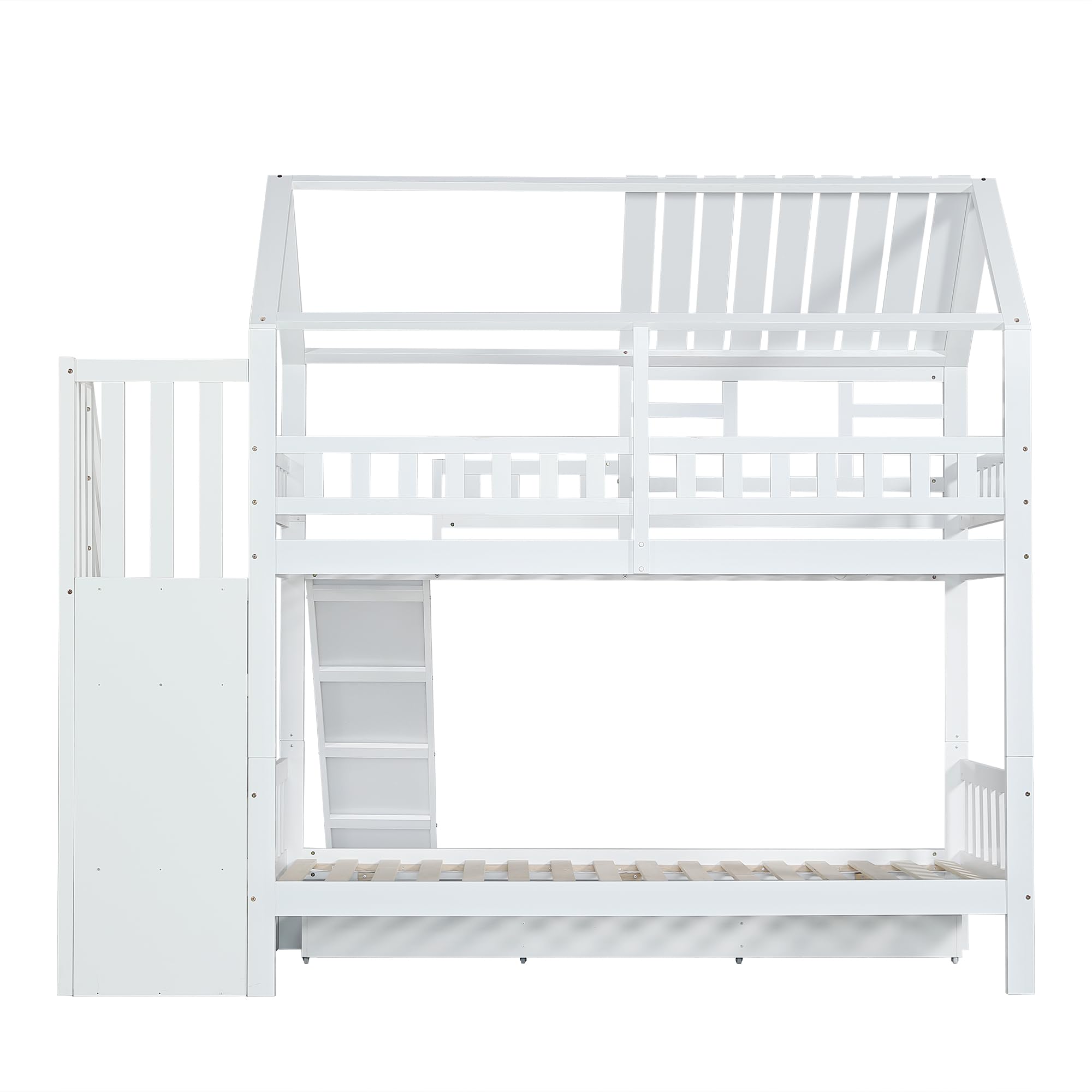 Letto a castello con scala e scivolo, letto a casa, scala con vano portaoggetti, telaio in legno di pino e MDF, letto per bambini con finestra e tetto, con griglia anticaduta e cassetto