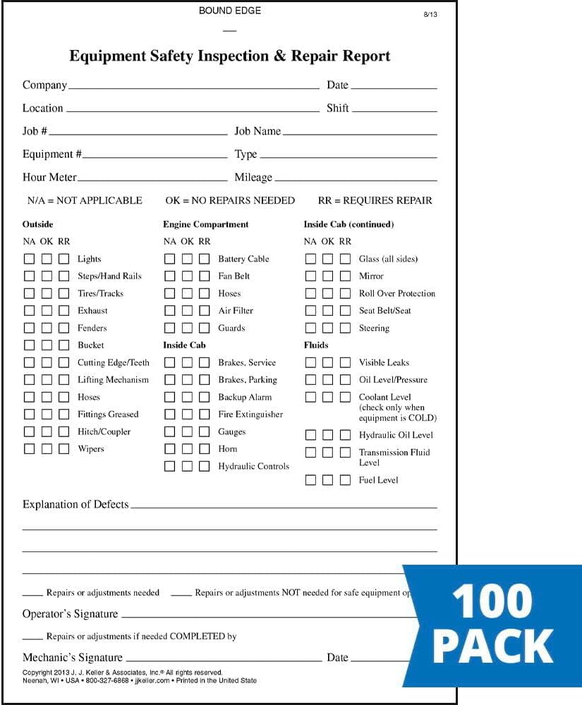 Equipment Safety Inspection Report 100-pk. - Book Format with 31 Sets, 2-Ply, Carbonless, 5.5" x 8.5", J. J. Keller & Associates, Inc.