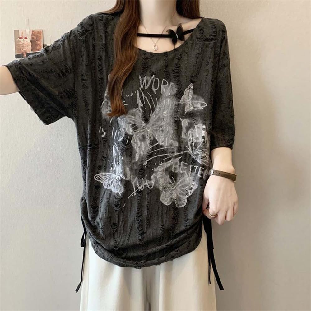Emo Grunge Shirt Women Tees Graphic Baby Y2k Tops Alt Clothes Fake Two Piece Short Sleeve Vintage T Shirts - Image 2