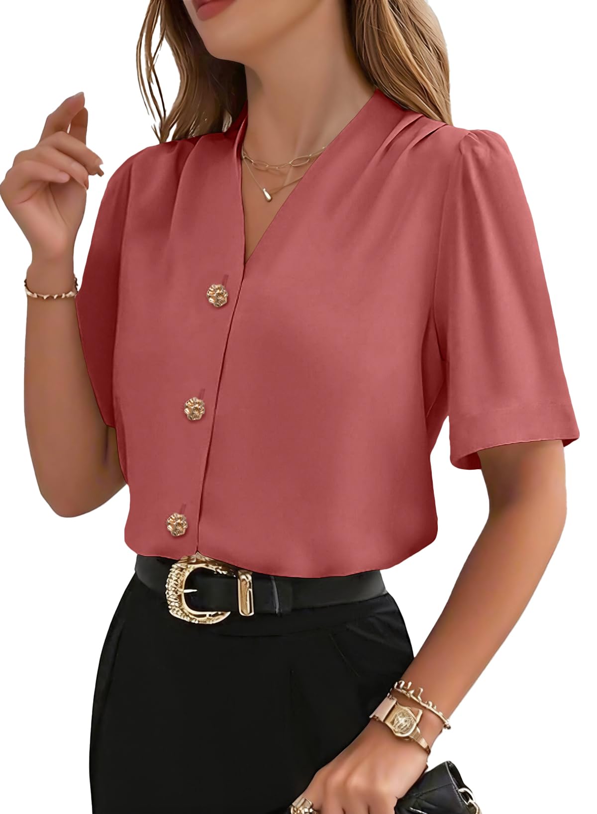 EVALESS Business Casual Tops for Women Button Down Shirts | Summer Pleated V Neck Work Dressy Blouses,Short Sleeve,Office Interview Professional Formal Outfits