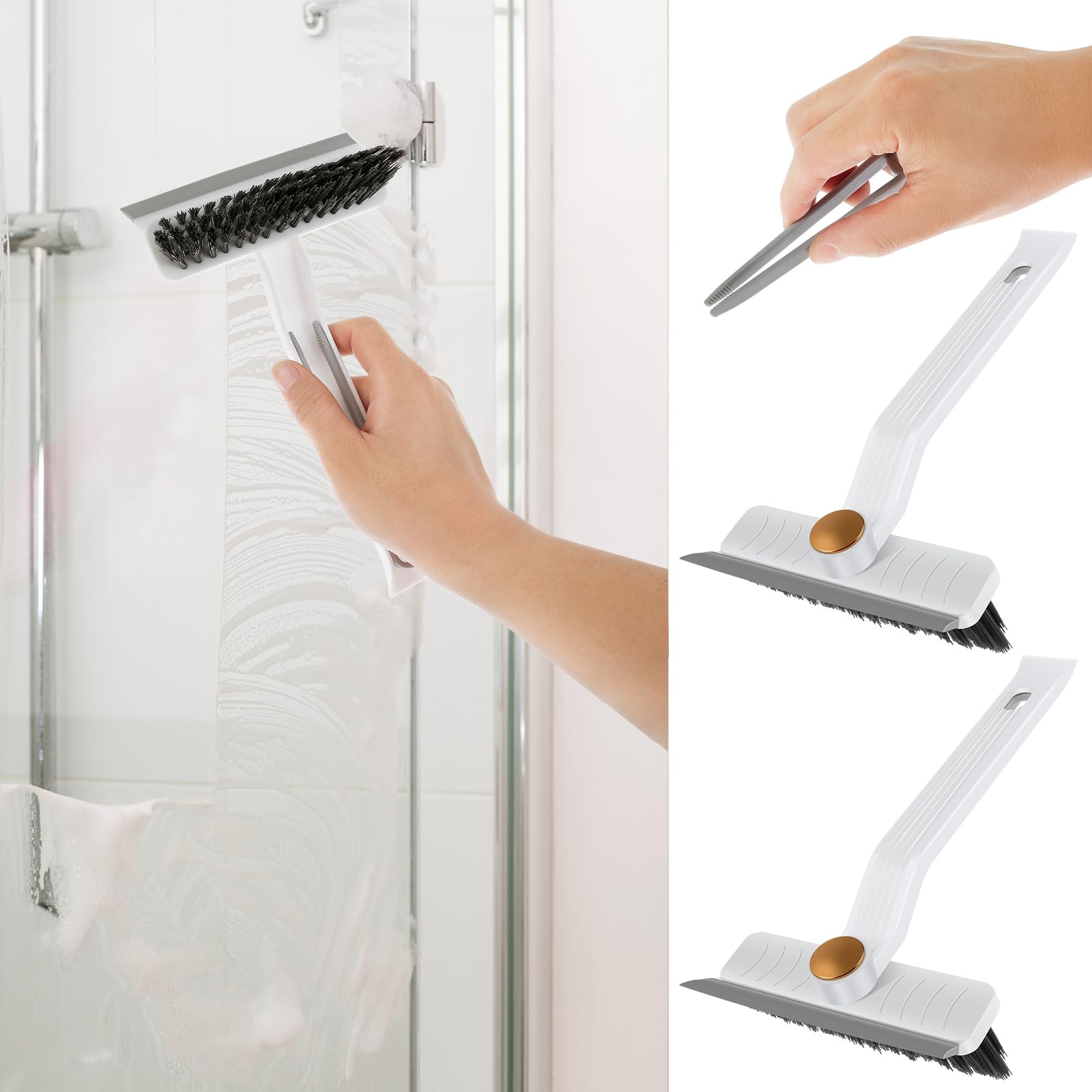 Qinglang White 2Pcs 360°Rotating Crevice Cleaning Brush With Ergonomic Handle Multifunctional Corners Hard Bristle Gap Cleaning Brush For Window Bathroom Kitchen Long Handle Brush Bathroom Tile Groove
