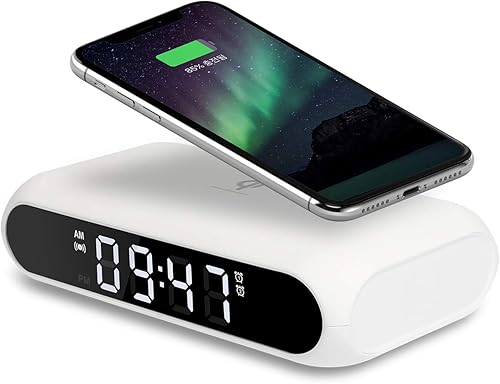 Mooas Qi Wireless Charging Slim Mirror Desk Clock (blanco), compacto reloj despertador digital con puerto USB, cargador inalámbrico para iPhone