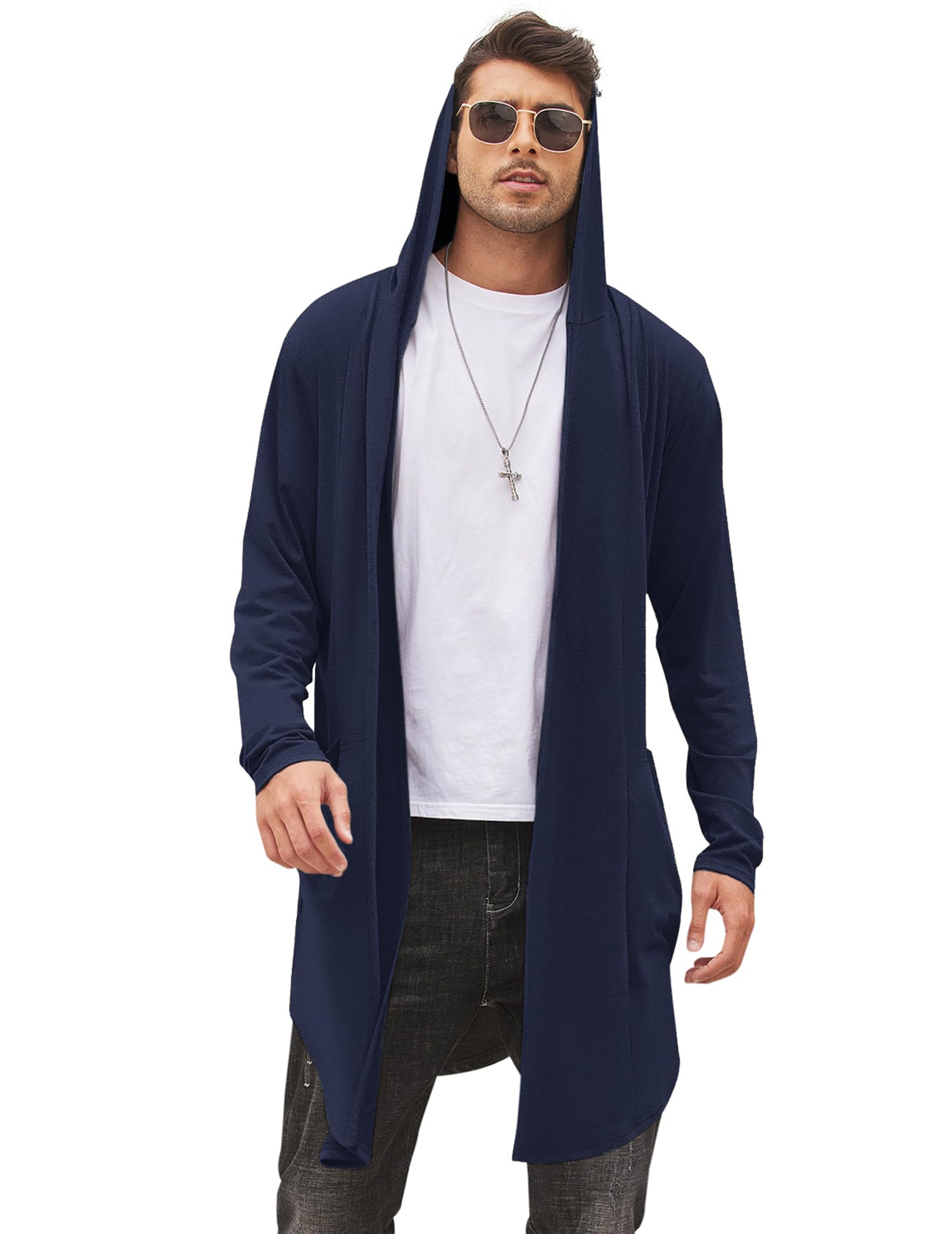 COOFANDY Men's Long Hooded Cardigan Shawl Collar Lightweight Cape Cloak