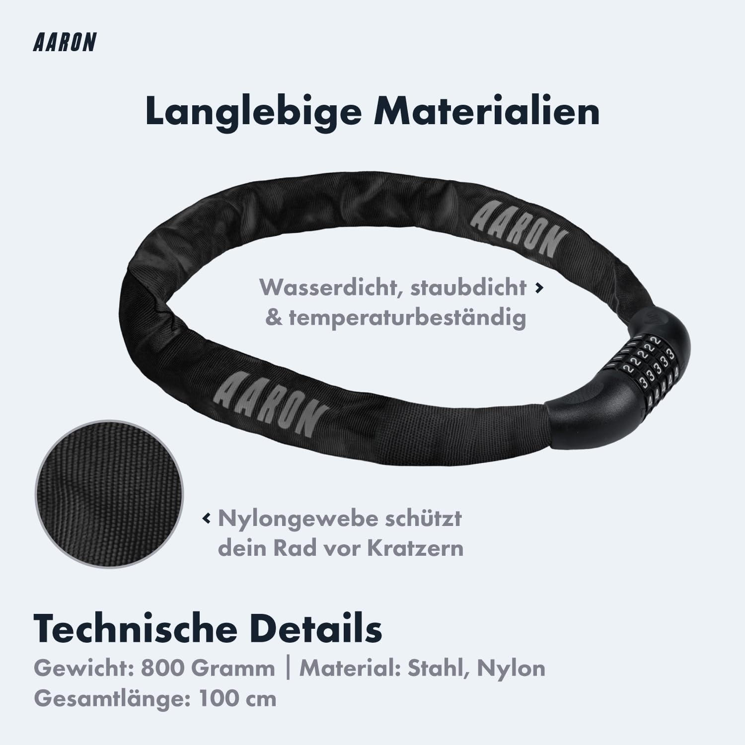 AARON Lock One Fahrradschloss mit 5-stelligem Zahlencode, Kettenschloss aus Stahl und hoher Sicherheitsstufe, Schloss für für E-Bike, Mountainbike, Trekkingrad, Tourenrad, Rennrad in schwarz