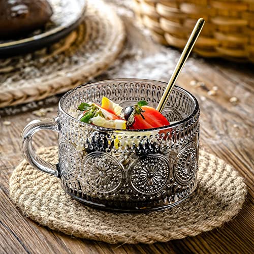 Gezzeny Vintage Glass Coffee Mugs 14 Oz Set Of 2 Gray Embossed Tea Cups For Cappuccino, Latte,Cereal, Yogurt, Beverage Hot/Cold Mother's Father's Day Gifts #TOP2