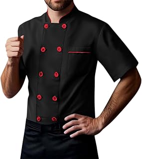Chaqueta de cocinero profesional de uniforme de manga corta/manga larga, unisex, unisex, color negro/blanco, ropa de cocinero, traje de cocina moderno, camisa ligera con botones, uniforme de