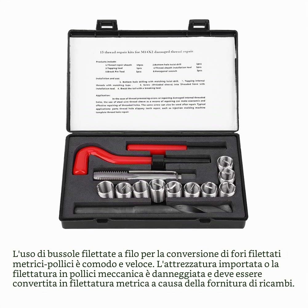 Kit di riparazione filettature - 15 pezzi M14x2 Set di riparazione bobina elicoidale per auto Set di utensili manuali compatibili con inserto filettato Chiave trapano avvitatore in acciaio inossidabil