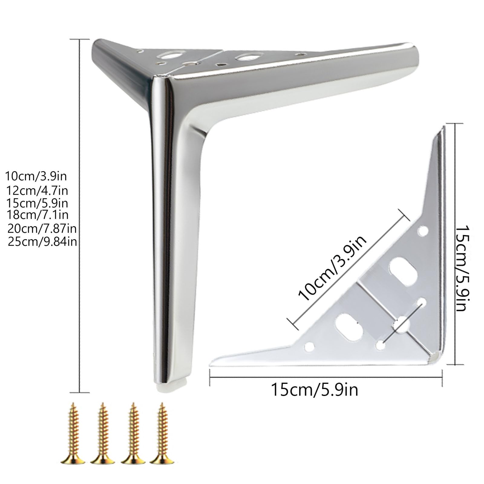 Trójkątne metalowe nóżki meblowe, DIY metalowe trójkątne nóżki do mebli srebrne 10-25 cm opakowanie 4 sztuki ze śrubami(12cm/4.7in)