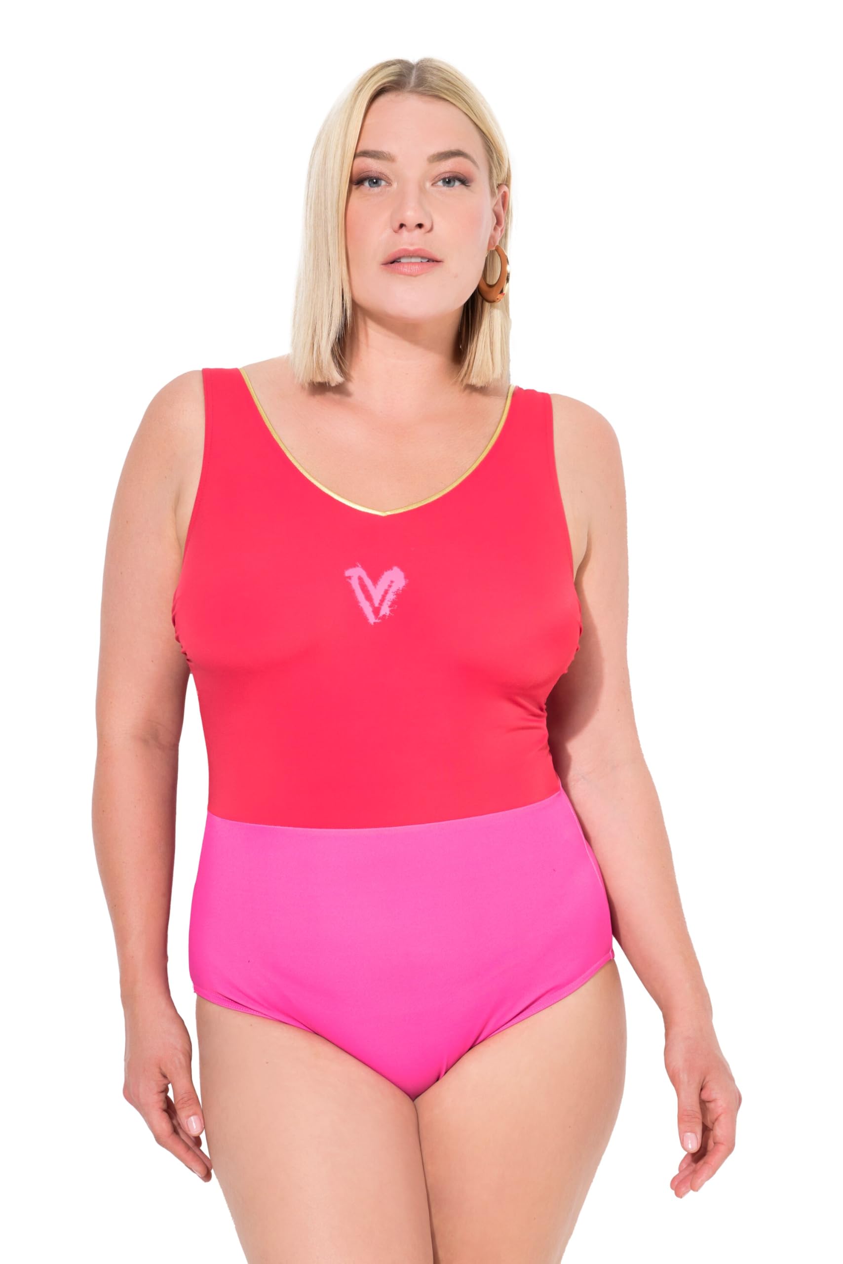 Ulla Popken Damen große Größen Übergrößen Plus Size Badeanzug, Glitzerkante, V-Ausschnitt, ohne Softcups 835839