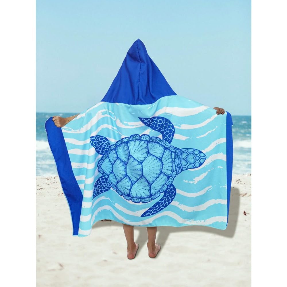 ZBDP Serviette de plage tortue de mer en microfibre douce à séchage rapide Grande cape de bain à capuche pour enfants filles Poncho Peignoir de bain Surf