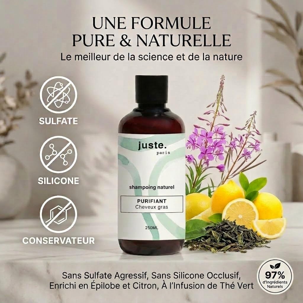 Juste Paris Routine Complète Cheveux Gras – Shampoing Purifiant + Après Shampoing Purifiant + Masque BIO – Régule le sébum, hydrate sans graisser et espace les lavages – Fabriqué en France