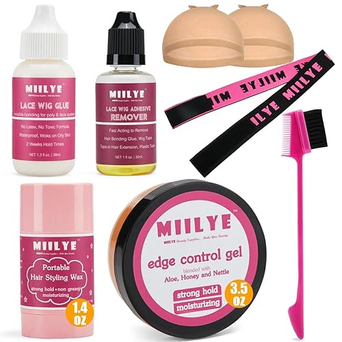 MIILYE Lace Wig Glue and Hair Styling Wax Gel Combo Pack - Invisible Front Lace Adhesive, Remover, Melting Band, Cap, Wax Stick, Edge Control Gel and Brush
