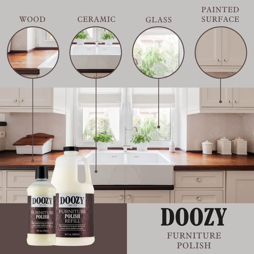 Doozy 64 oz Furniture & Cabinet Polish for All Wood & Metal, Leather & Glass - Oak, Teak, Dark & Light Wood - Best to Clean, Restore, Protect, Shine & Conceal Fine Surface Scratches