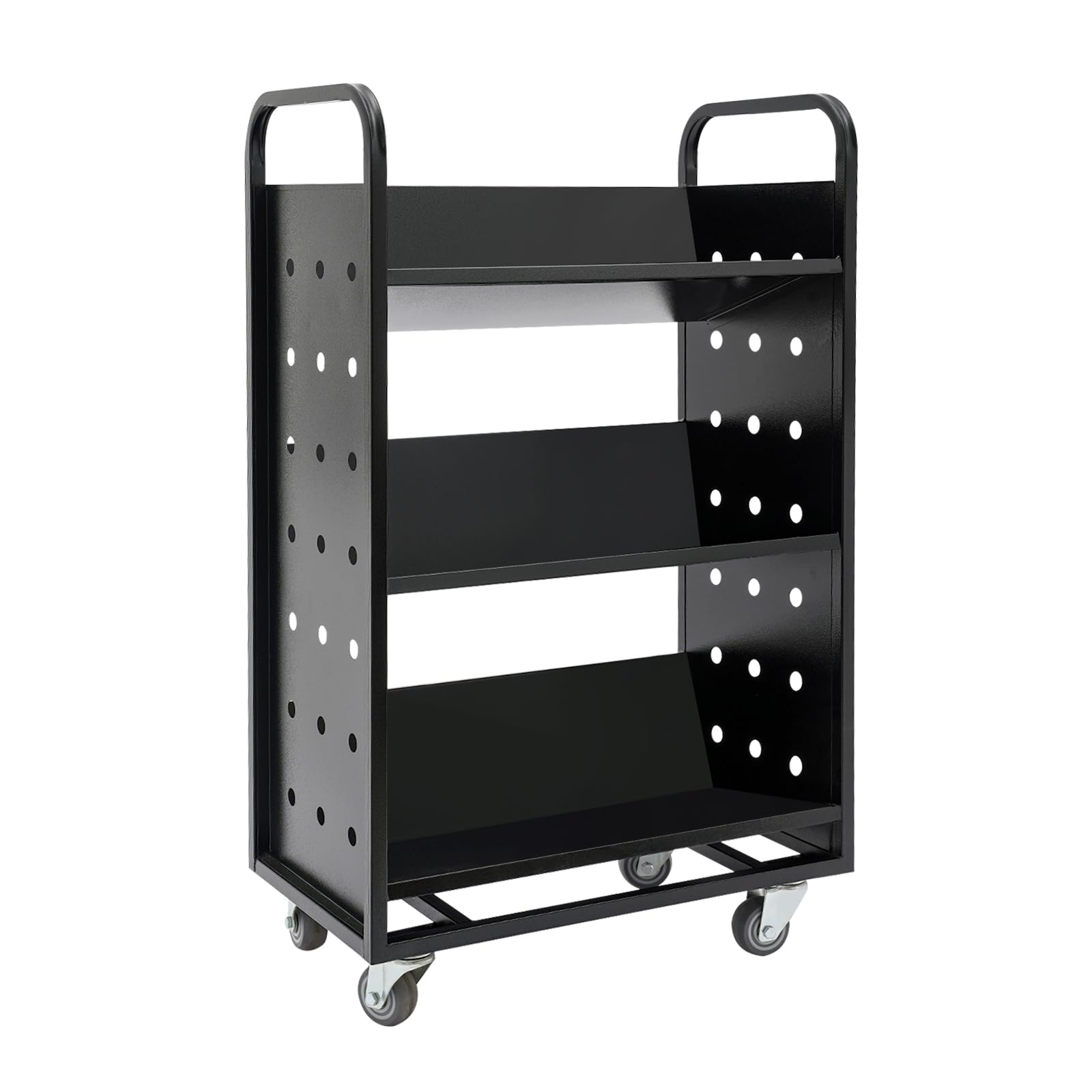 Carrello portaoggetti a tre piani, dimensioni 80 x 36 x 100 cm, nero, con ruote girevoli e maniglia, adatto per librerie, biblioteche, uffici e spazi abitativi