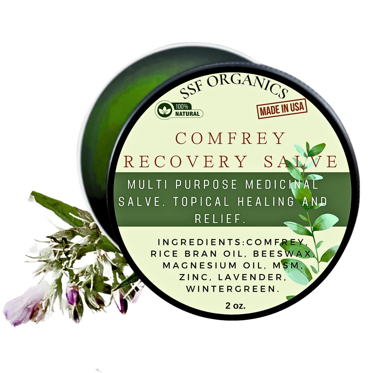 Organic Comfrey Recovery Salve | Super Concentrated All Purpose Medicinal Plant Based Herbal Salve - for Joint/Muscle Therapy and Skin Conditions. Made in The USA (2oz.)