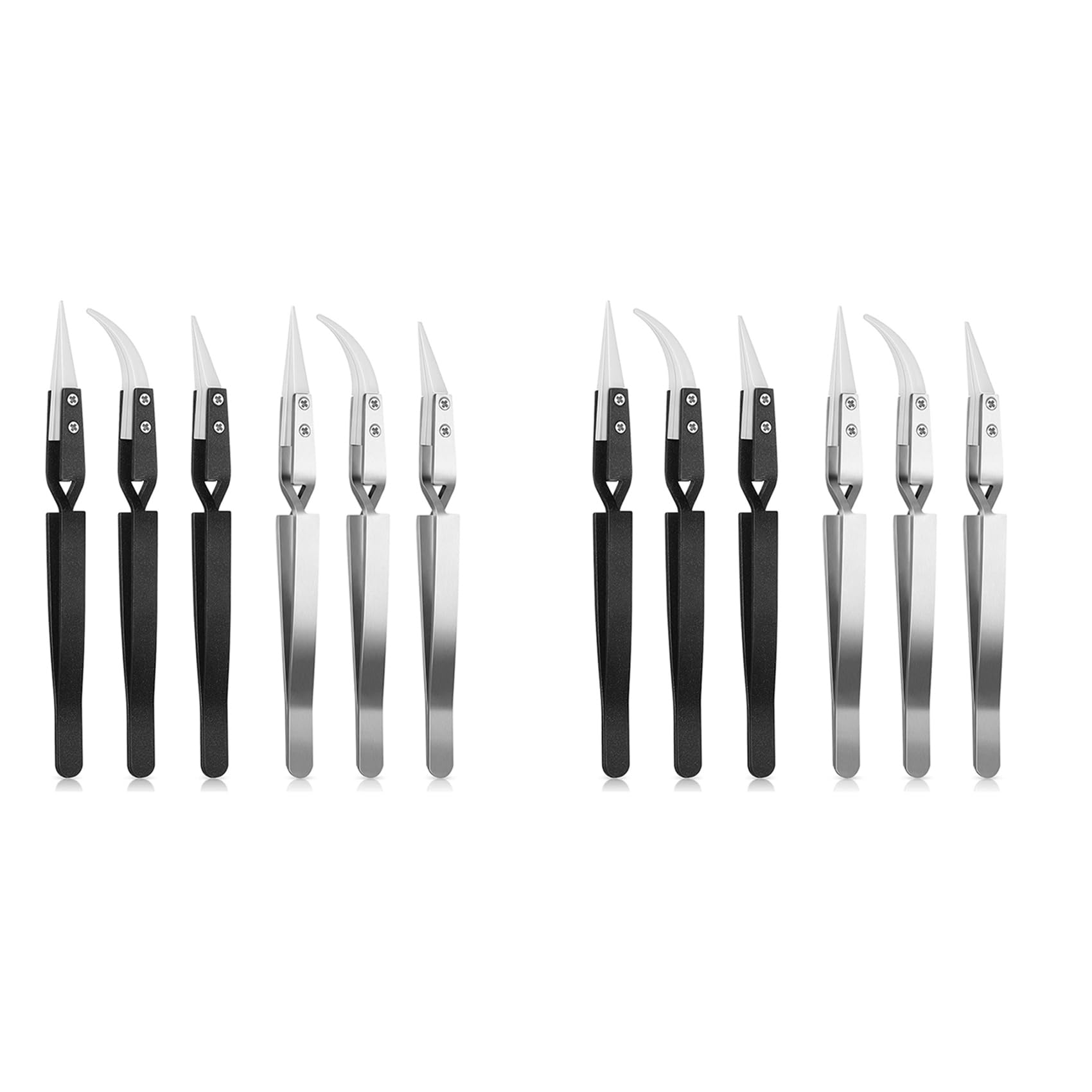 Jnchdghwa Black&Silver 12Pcs Reverse Ceramic Tweezers Pointed Curved Tips Tweezer Set Non Conductive,Anti Magnetic Soldering Tweezers