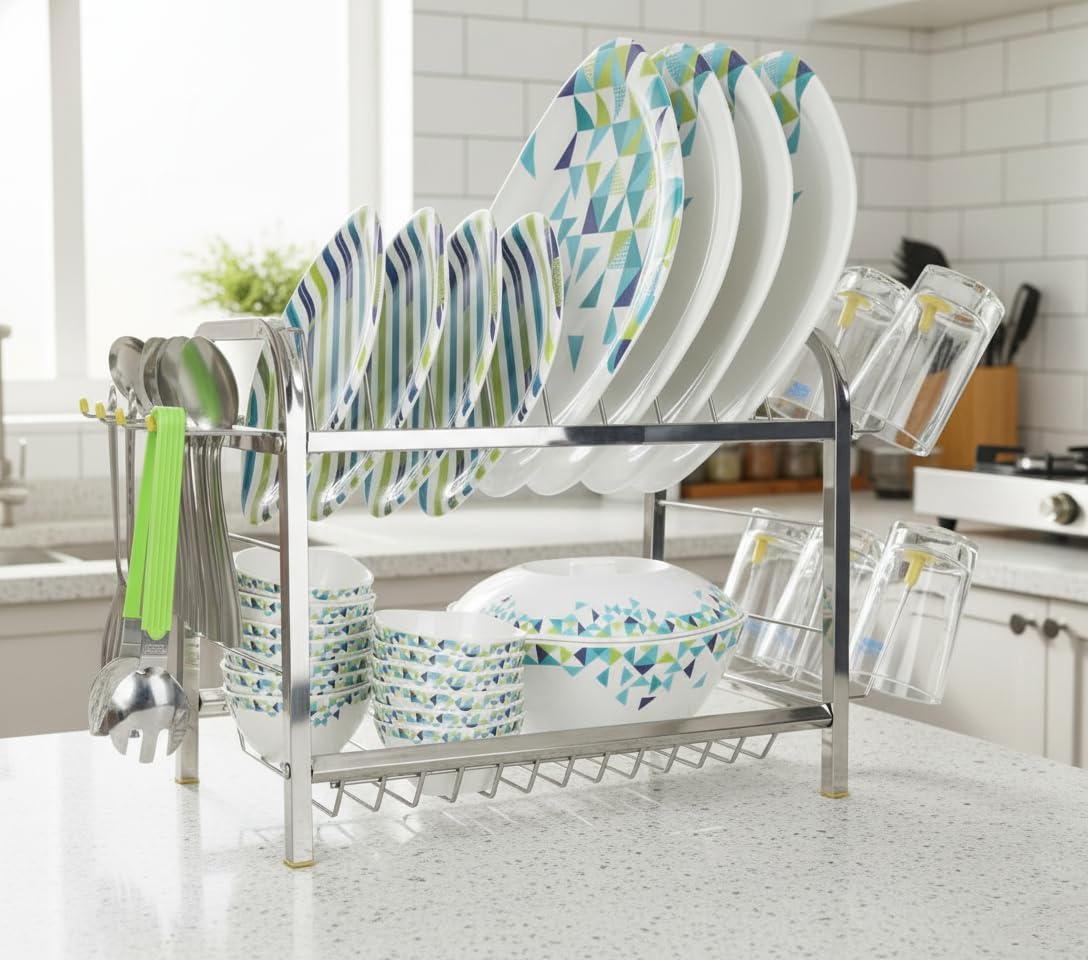 Mini Stainless Steel 2 Layer Kitchen Rack - 12x15 Inch Wall Mount Dish Plate Cutlery Stand, Utensils Storage Organizer (Silver)