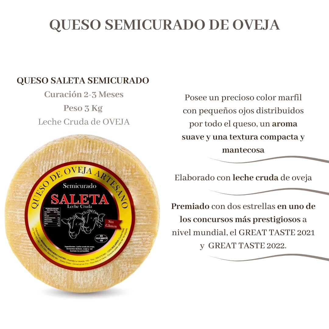 SALETA® Queso Semicurado Entero de oveja Gourmet (3 Kg) | Elaboracion Artesana Quesos de La Mancha | Quesos de leche de oveja — view 2
