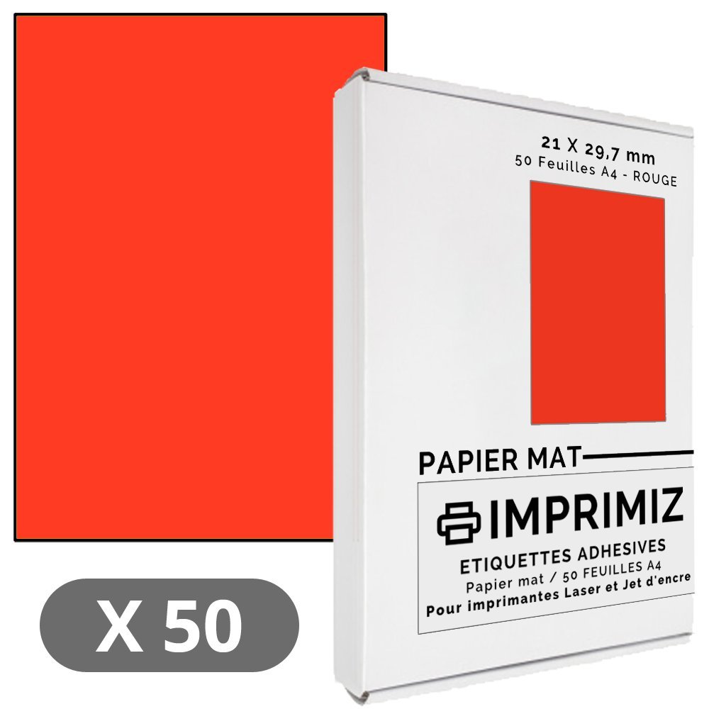 Feuilles Adhésives A4 Rouge Fluo Mat 210 x 297 mm Lot de 50 pour Imprimantes Laser et Jet d'encre