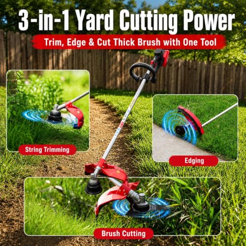 Image of AMERISUN 3-in-1 Gas String Trimmer, Edger & Brush Cutter | 26cc 2-Cycle Engine, 16 inch Cutting Path, 10 inch Metal Blade, Shoulder Strap, Heavy-Duty Weed Trimmer for Thick Grass & Brush