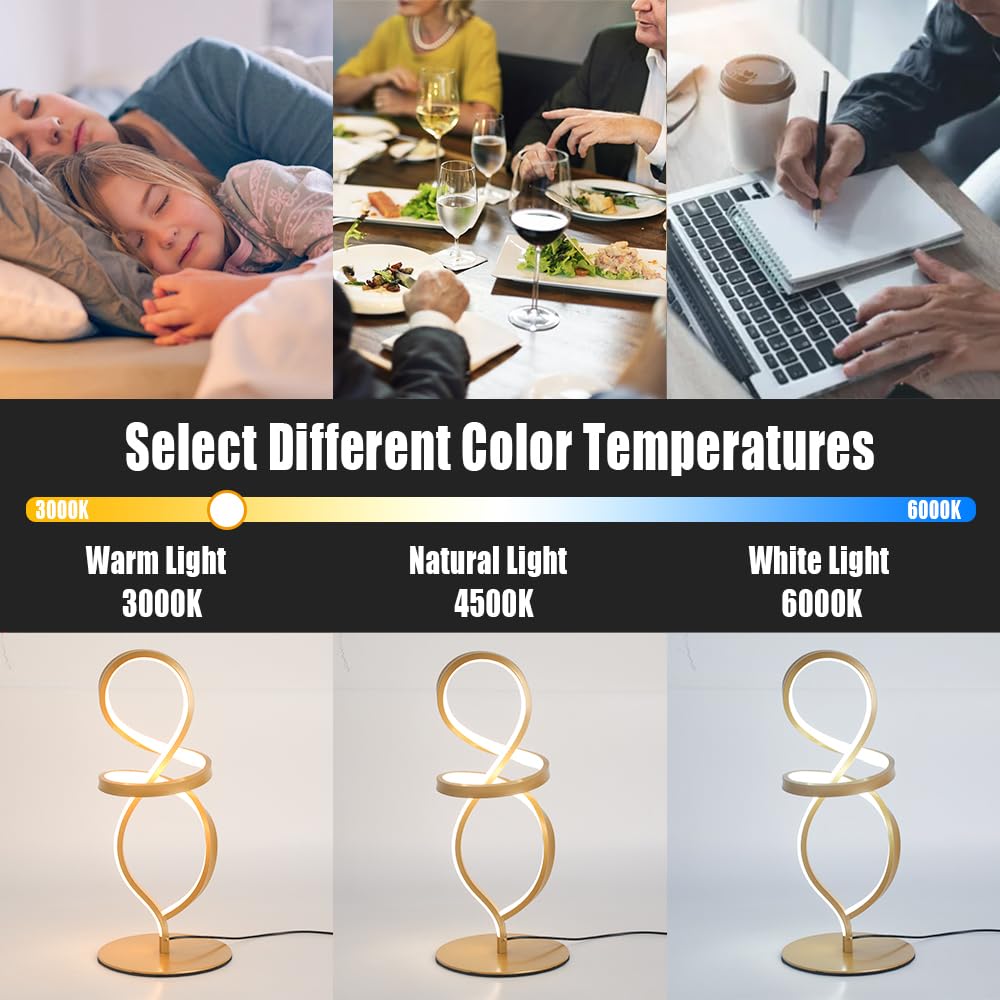 Lámpara de noche dorada regulable Lámpara de mesa LED de 15 W, lámpara de escritorio con 3 temperaturas de color para el hogar y la oficina, Lamparas de Mesita de Noche para trabajar y estudiar