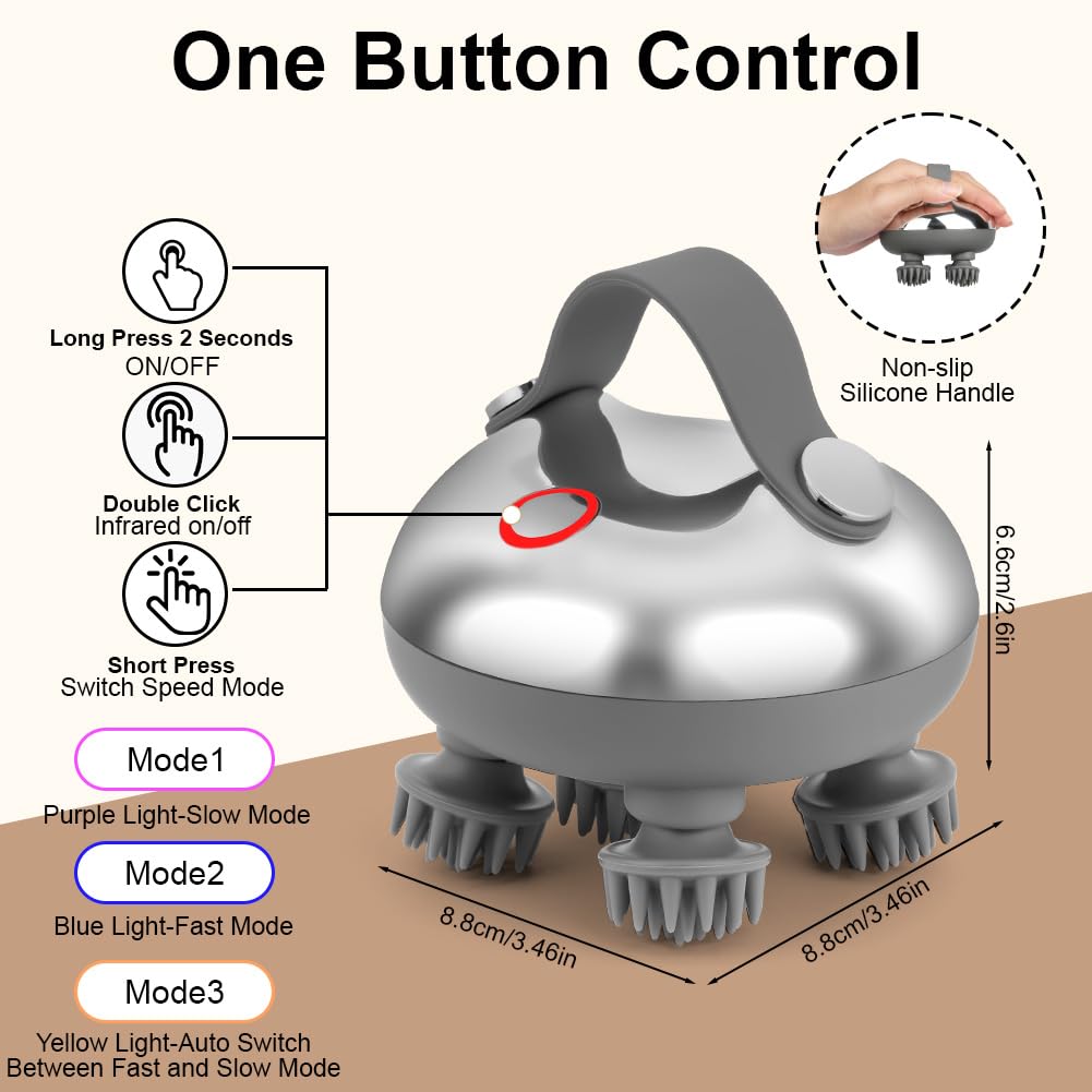 Masajeador Cabeza Electrico,Masajeador de Cuero Cabelludo y Cuerpo Portátil Recargable Impermeable, con 8 Cabezales de Masaje de Repuesto, para el Crecimiento del Pelo de Personas y Mascotas