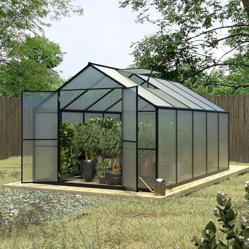 VEIKOU 8x10 FT Polycarbonate Greenhouse for Outdoors, Walk-in Green House with Vent, Aluminum Frame, Riveted Structure, Outdoor Greenhouse Kit for Backyard, Garden, Gray