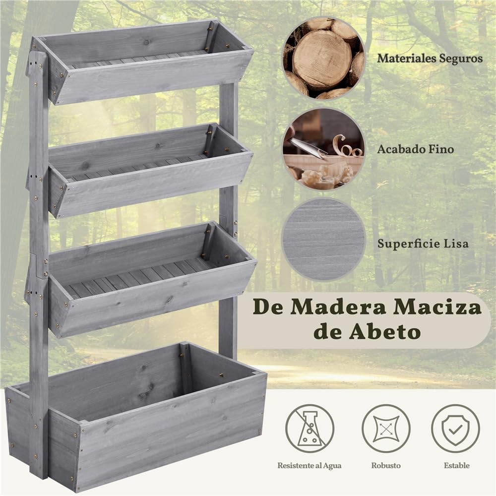 Yaheetech Vertikal Hochbeet mit 4 Etagen, 84,5×45×140,5 cm Pflanzbeet mit Entwässerungslöcher & Pflanzvlies, Tannenholz Wetterfest, Frühbeet Gartenbeet Kräutertreppe für Garten Balkon, Grau