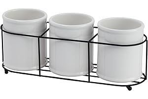 White Ceramic Crocks In Black Metal Stand Utensil Holder