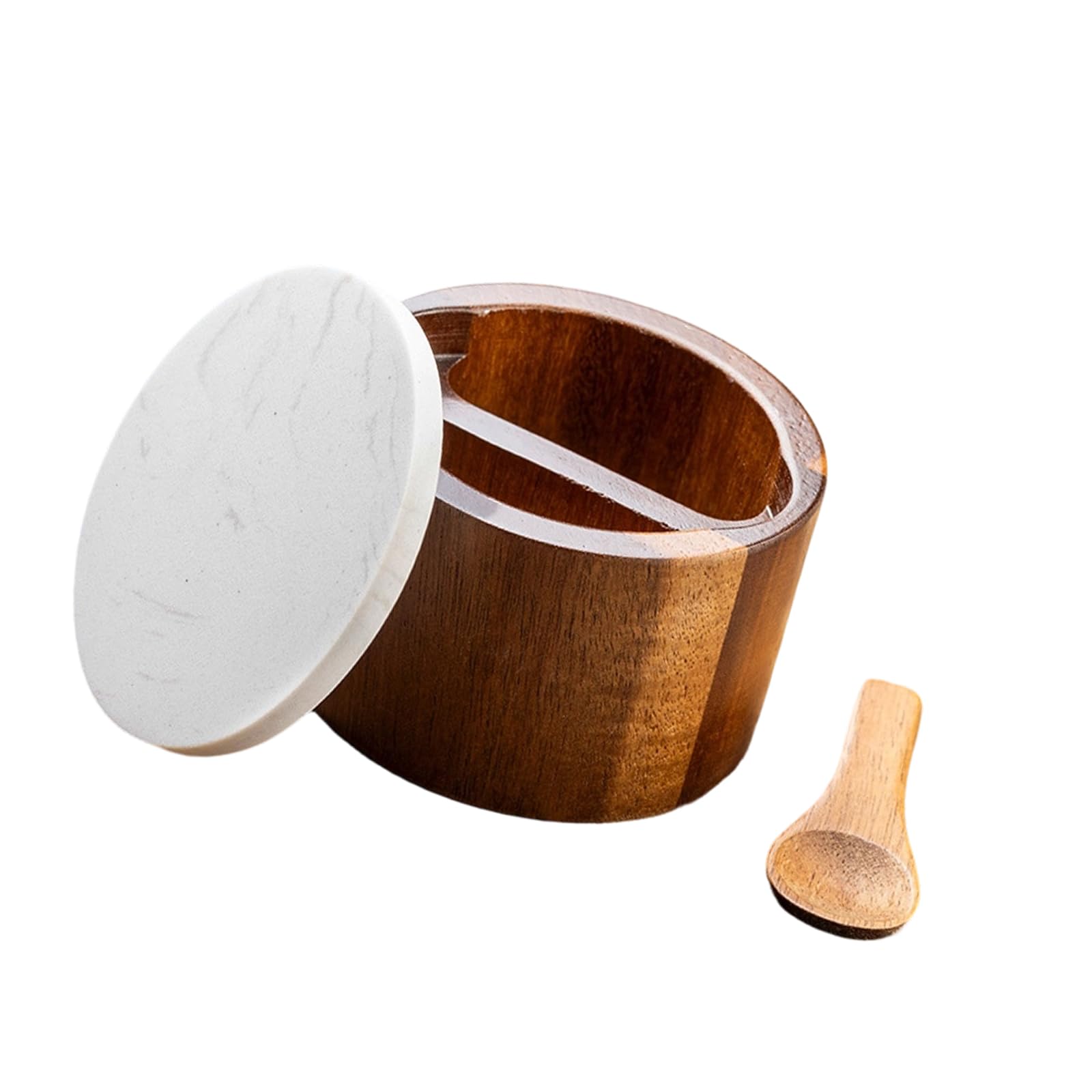 Tsophreniq Natural Wood Seasoning Container with Marble Top and Measuring Spoon for Home Use Kitchen Seasoning Planner