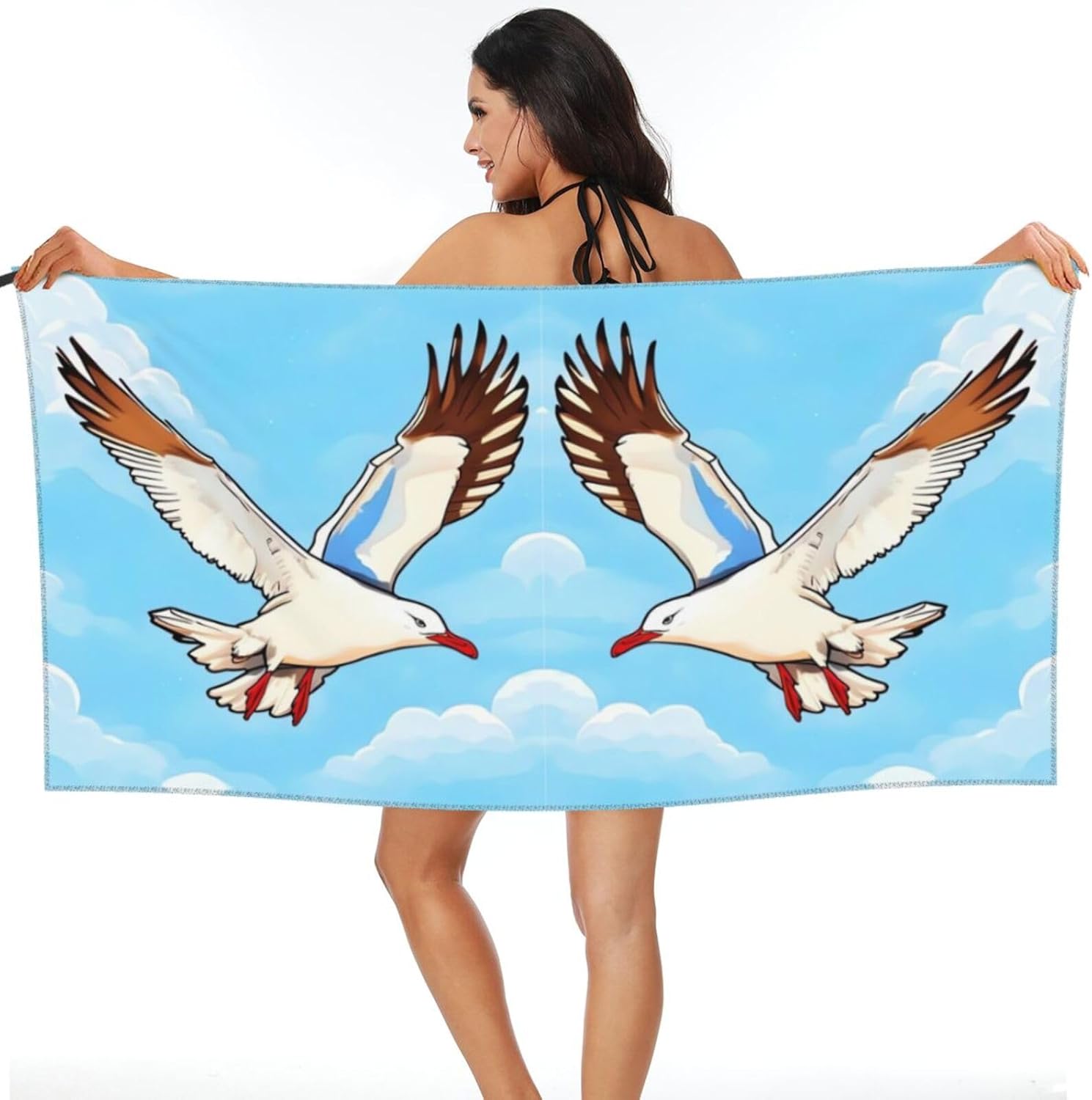 Large Quick Dry Beach Towel Flying Seagulls Printing Microfiber Camping Towels Super Absorbent Travel Beach Towels for Traveling,Hiking,Swimming, Bath,Sports,Yoga (27.5""X55""), White