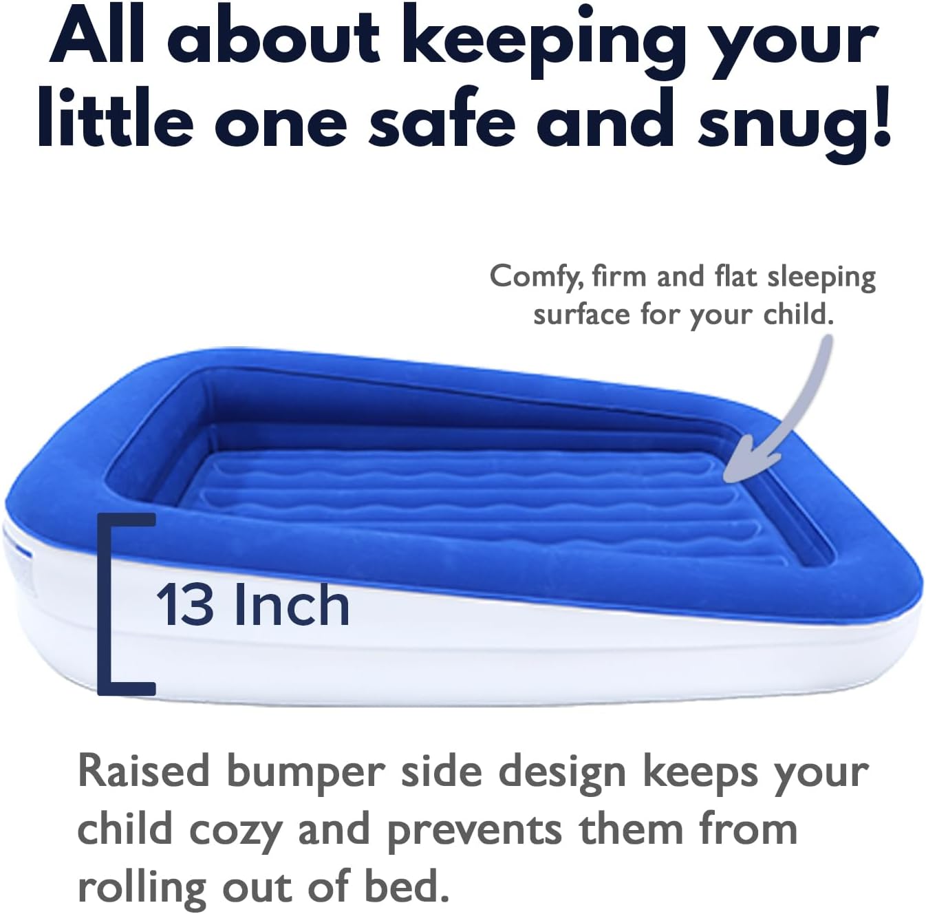 King Koil Luxury Toddler Inflatable Child Airbed, Travel Bed with Built-in Safety Bumper, Portable Air Mattress for Kids, Includes High-Speed Pump - Blue