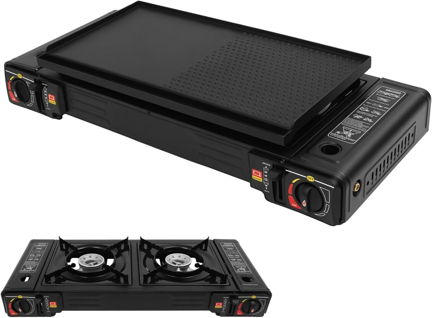 Set di barbecue a gas da campeggio 2 in 1, 2 fuochi con piastra e borsa per il trasporto, fornello da campeggio da 2500 W per bruciatore, accensione piezoelettrica, protezione da sovratensione