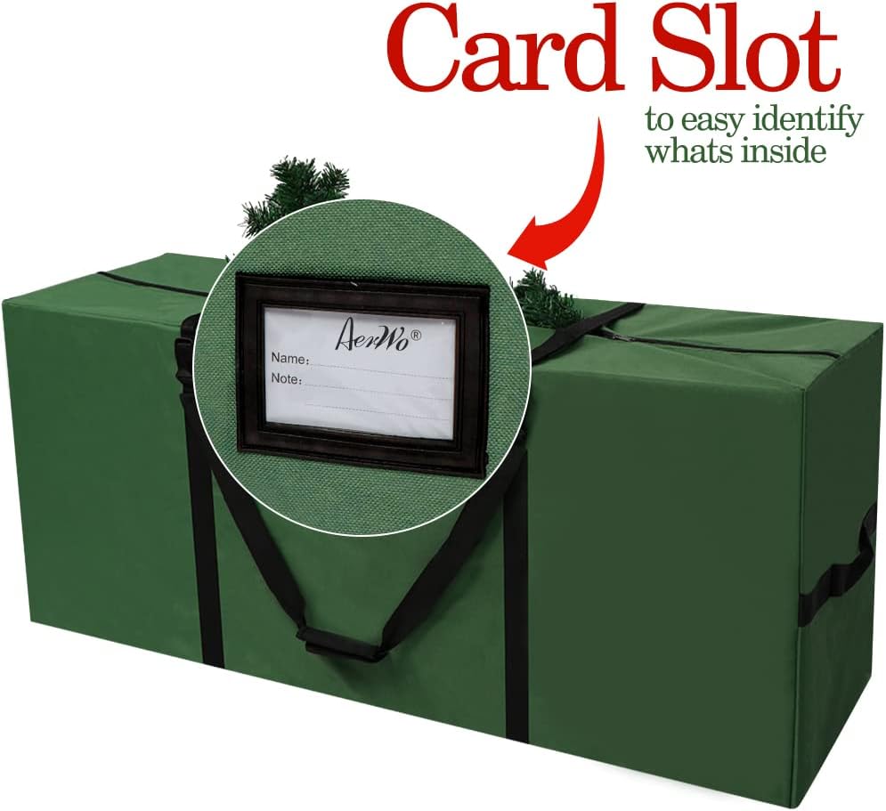 AerWo Christmas Tree Storage Bag, Extra Large Christmas Storage Containers Fits Up to 9ft Artificial Tree, Heavy-Duty Waterproof 600D Oxford Xmas Holiday Tree Bag with Card Slot(65” X 31” X 15”, Green)