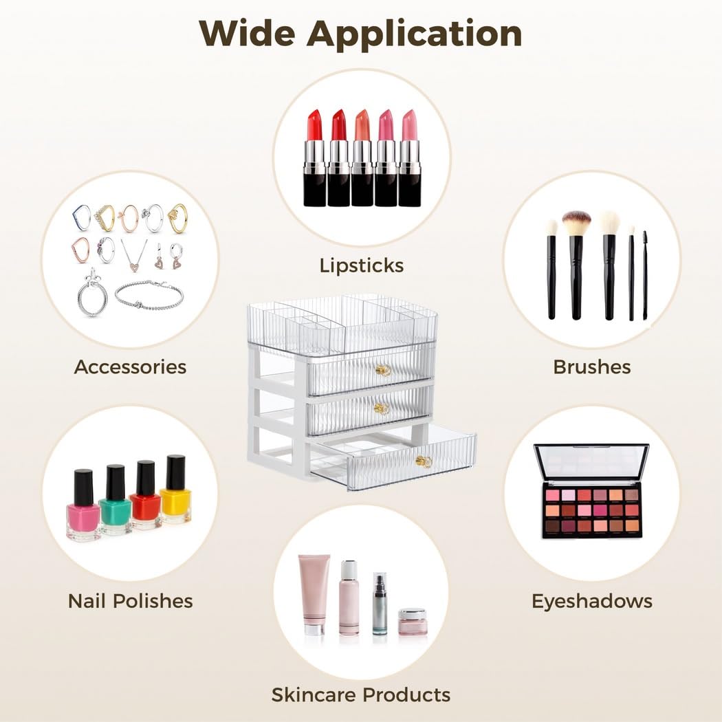 Organisateur de maquillage à 4 couches, boîte de rangement transparente avec 3 tiroirs pour rouges à lèvres, parfums, pinceaux, soins de la peau, ombres à paupières